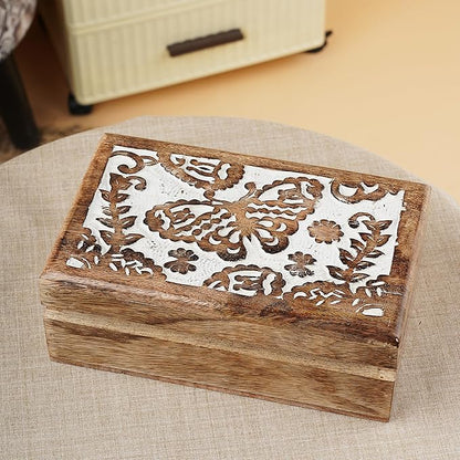 Ajuny Hand-Carved Mango Wood Jewelry Box 8x5 in – Butterfly Design Keepsake & Trinket Organizer, Vintage Decorative Chest with Hinged Lid (White/Brown) – Handmade Gift for Women & Girls