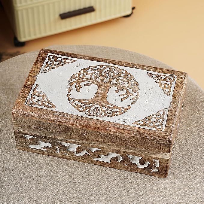 Ajuny Tree of Life Wooden Jewelry Box for Women & Men – Hand Carved Wooden Keepsake Box, Decorative Trinket Box Wood Treasure Chest Vintage Memory Storage Box Gift - 8X5 Inch