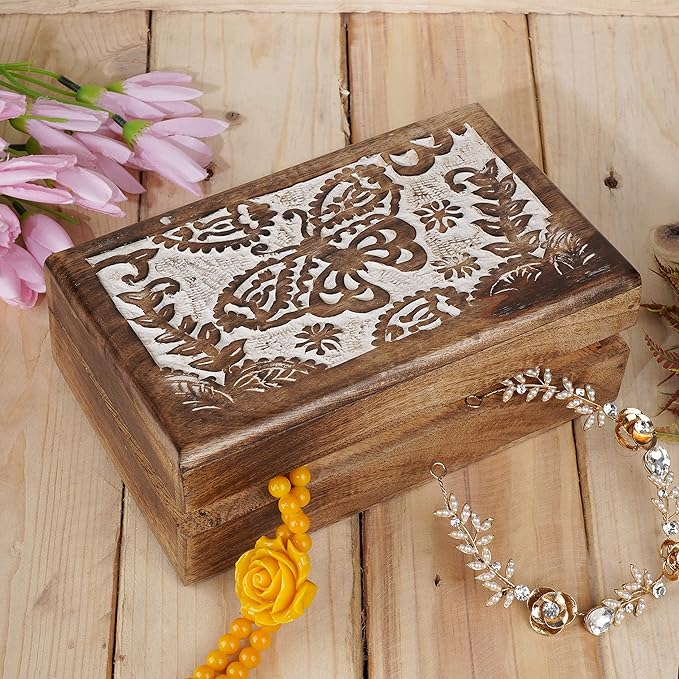 Ajuny Hand-Carved Mango Wood Jewelry Box 8x5 in – Butterfly Design Keepsake & Trinket Organizer, Vintage Decorative Chest with Hinged Lid (White/Brown) – Handmade Gift for Women & Girls