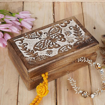 Ajuny Hand-Carved Mango Wood Jewelry Box 8x5 in – Butterfly Design Keepsake & Trinket Organizer, Vintage Decorative Chest with Hinged Lid (White/Brown) – Handmade Gift for Women & Girls