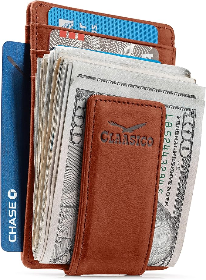 Claasico Men’s Leather Money Clip Wallet – Slim Front Pocket Wallet w/Super Strong Magnetic Clip, RFID Blocking, 5 Card Slots & Center Pocket + ID Window