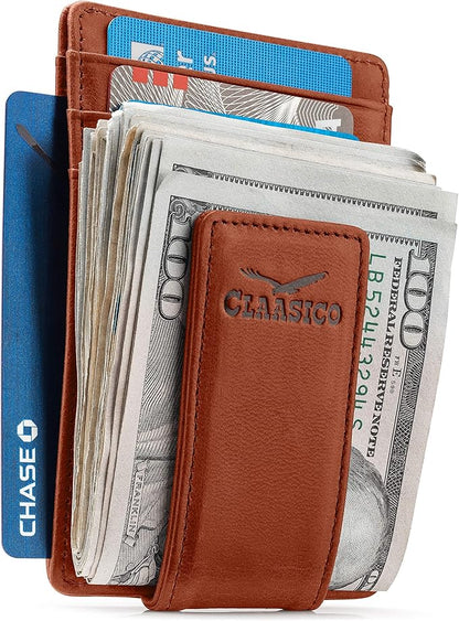 Claasico Men’s Leather Money Clip Wallet – Slim Front Pocket Wallet w/Super Strong Magnetic Clip, RFID Blocking, 5 Card Slots & Center Pocket + ID Window