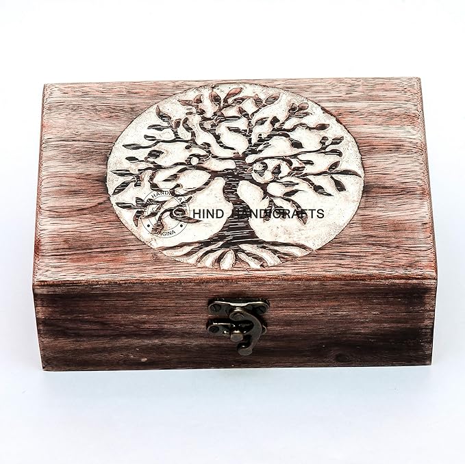 Antique Handmade Wooden Urn Tree of Life Engraving Handcarved Jewellery Box for Women-Men Jewel | Home Decor Accents | Decorative Boxes | Storage & Organiser (7" x 5.5" x 3.5", Tree - 3 White)