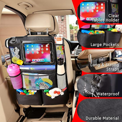 Helteko Backseat Car Organizer, Kick Mats Back Seat Protector with Touch Screen Tablet Holder, Back Seat Organizer for Kids, Travel Accessories with 9 Storage Pockets 2 Pack, Black