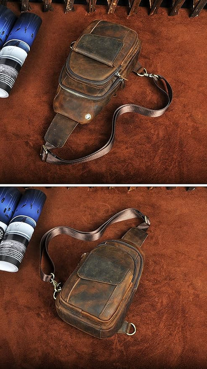 Le'aokuu Men Outdoor Casual Travel Hiking Tea Crossbody Chest Sling Bag Rig One Shoulder Strap Bag Backpack Men Leather