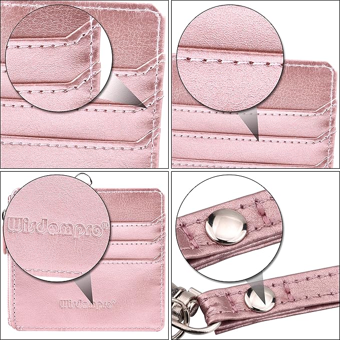 Badge Holder with Zip, Wisdompro 2-Sided PU Leather ID Badge Holder with 1 ID Window, 4 Card Slots, 1 Side Zipper Pocket and 1 piece 20 Inch Leather Neck Lanyard Strap - Rose Gold (Horizontal)
