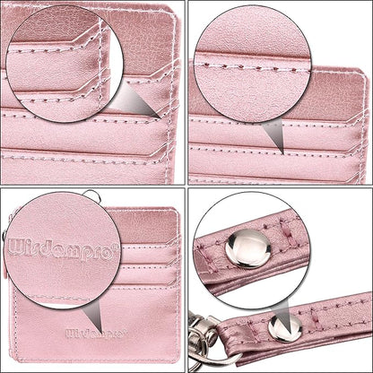 Badge Holder with Zip, Wisdompro 2-Sided PU Leather ID Badge Holder with 1 ID Window, 4 Card Slots, 1 Side Zipper Pocket and 1 piece 20 Inch Leather Neck Lanyard Strap - Rose Gold (Horizontal)
