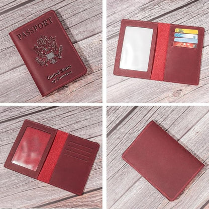 RFID-Blocking Genuine Leather Passport Holder - Travel Document Organizer Wallet for Men & Women, Durable Slim Travel Accessories with Card Slots (Wine Red)