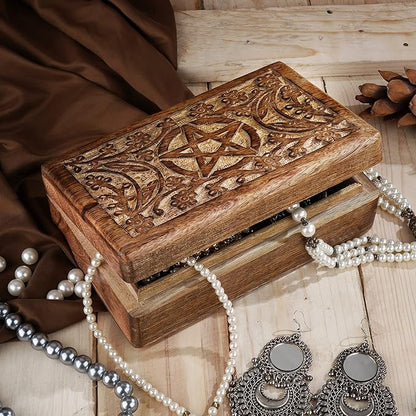 Ajuny Wooden Hand Carved Decorative Jewelry Box Moon Star Carvings Vintage Keepsake Storage Organizer Travel Treasure Chest Trinket Holder Case Great Gifts 8x5 Inch