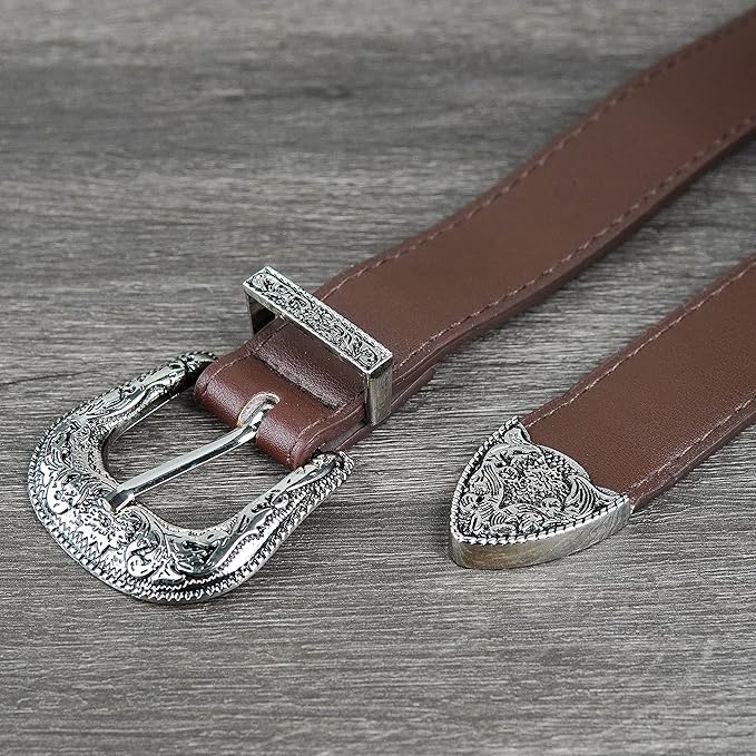 INOGIH Adjustable-Vintage-Western-Cowboy-Belt Women Men - Cowboy-Style Engraved-Buckle Belt for Jeans Pants Dresses
