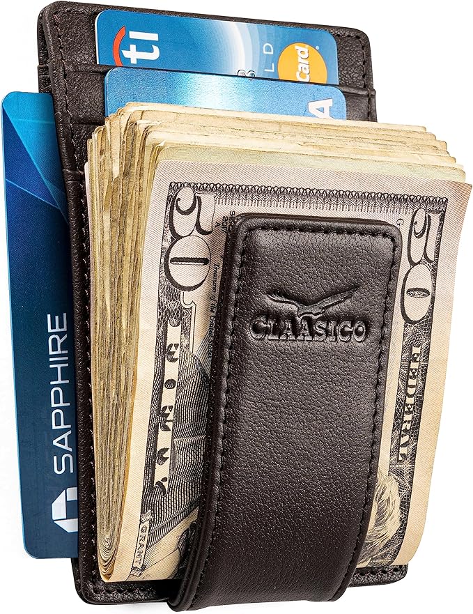 Claasico Men’s Leather Money Clip Wallet – Slim Front Pocket Wallet w/Super Strong Magnetic Clip, RFID Blocking, 5 Card Slots & Center Pocket + ID Window