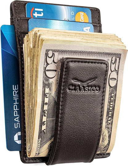 Claasico Men’s Leather Money Clip Wallet – Slim Front Pocket Wallet w/Super Strong Magnetic Clip, RFID Blocking, 5 Card Slots & Center Pocket + ID Window