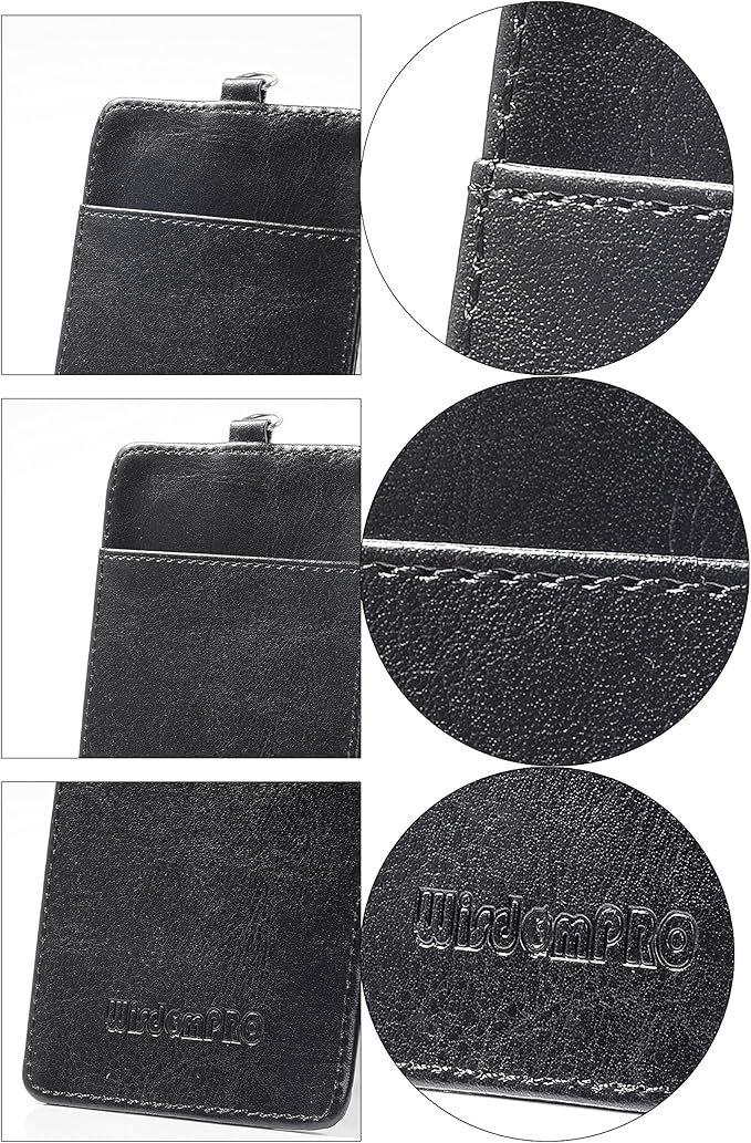 Wisdompro ID Badge Holder with Retractable Keychain, 2-Sided PU Leather Pass Card Holder with 2 Card Slots and Badge Reel for Work, School, Metro, Bus, Access Card - Black, Vertical