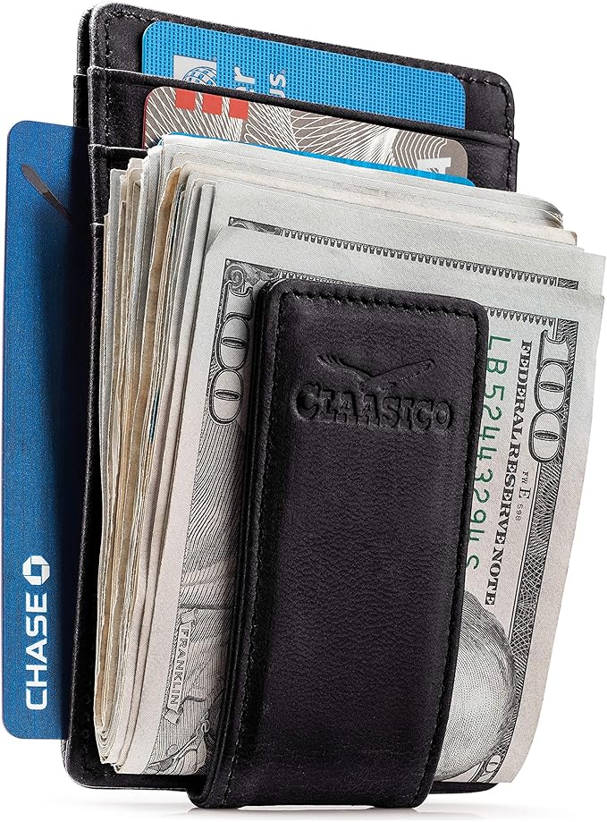 Claasico Men’s Leather Money Clip Wallet – Slim Front Pocket Wallet w/Super Strong Magnetic Clip, RFID Blocking, 5 Card Slots & Center Pocket + ID Window