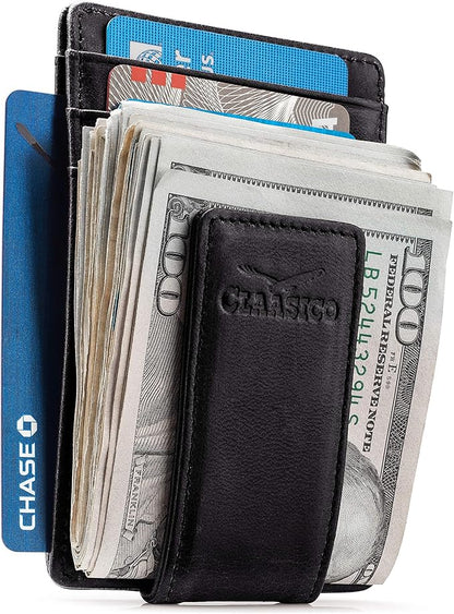 Claasico Men’s Leather Money Clip Wallet – Slim Front Pocket Wallet w/Super Strong Magnetic Clip, RFID Blocking, 5 Card Slots & Center Pocket + ID Window