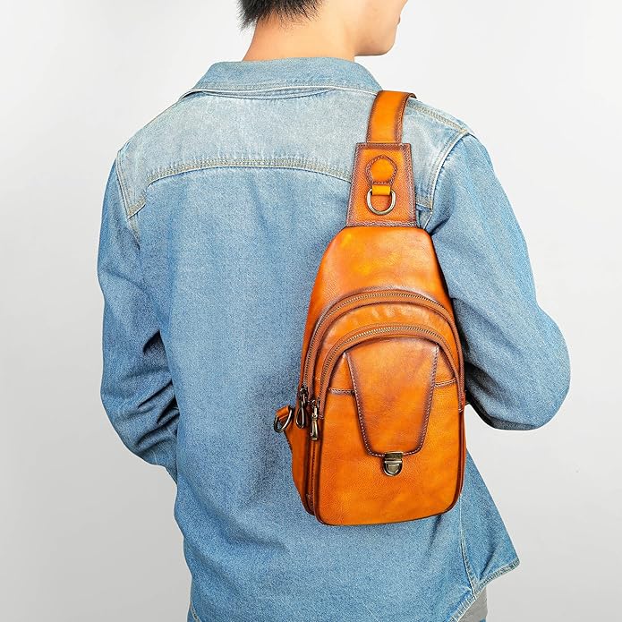 NIUCUNZH Genuine Leather Sling Bag Front Metal-Latch Crossbody Bags Handmade Vintage Chest Shoulder Backpack for Women Men
