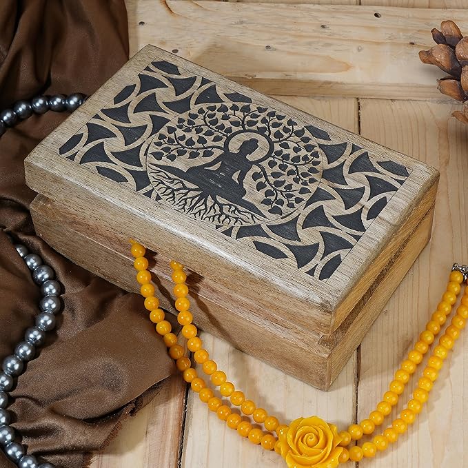 Ajuny Handmade Wooden Keepsake Box Buddha Tree Desgin Memory Box Vintage Decorative Jewelry Storage Treasure Chest Gift Idea for Men & Women (8x5 Inch)