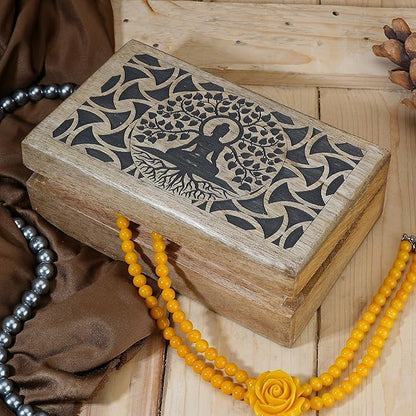 Ajuny Handmade Wooden Keepsake Box Buddha Tree Desgin Memory Box Vintage Decorative Jewelry Storage Treasure Chest Gift Idea for Men & Women (8x5 Inch)