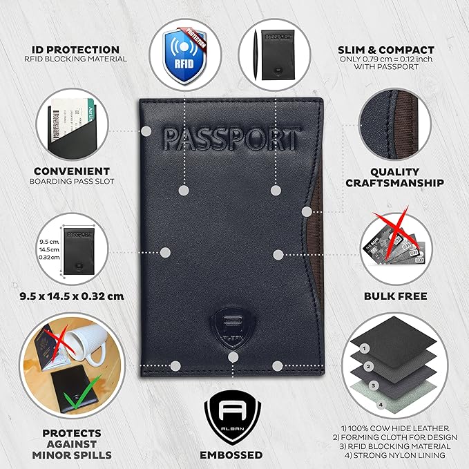 Alban RFID Passport Holder Women Men RFID Blocking Travel Passport Wallet Case Genuine Leather Passport Cover porta pasaporte