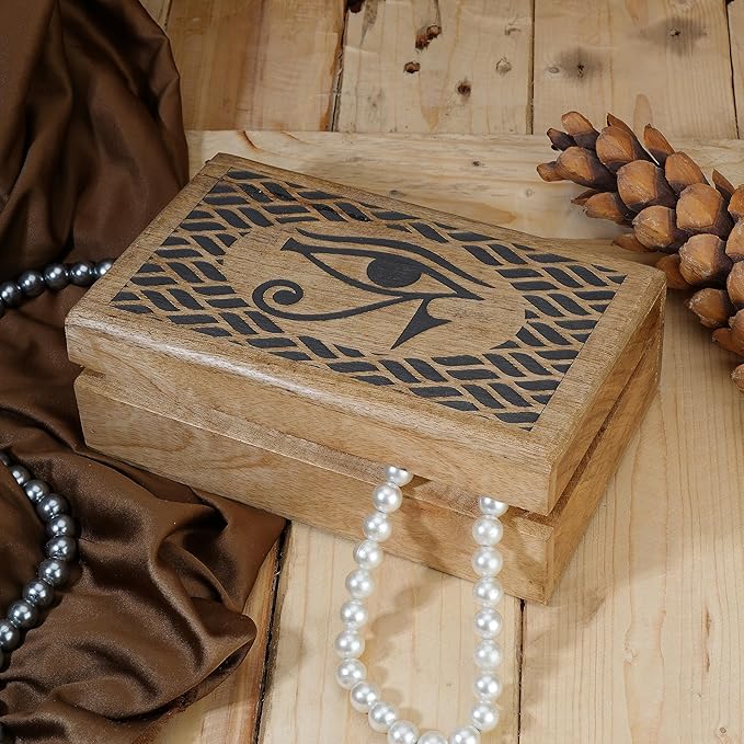 Ajuny Handcarved Wooden Decorative Jewelry Storage Box Eye of Truth Design Vintage Multipurpose Treasure Chest Keepsake Necklaces Watch Boxes Great for Gifts 8x5 Inch