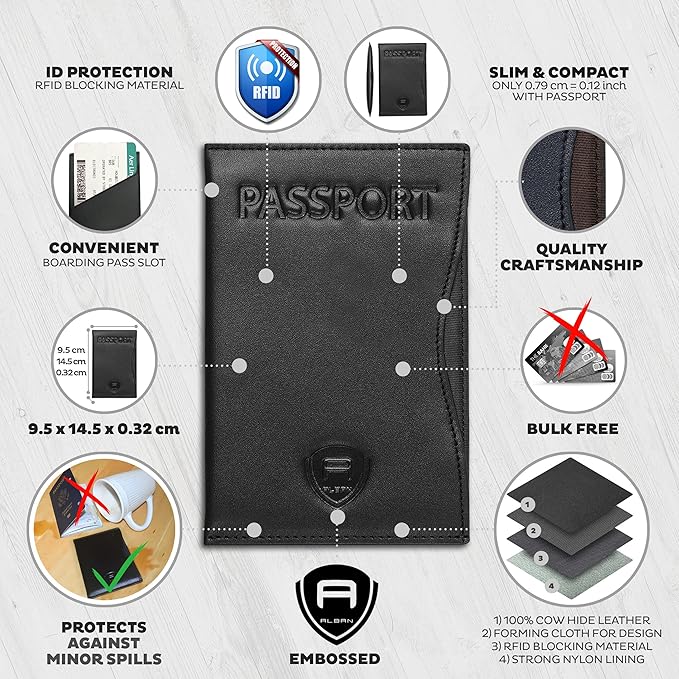 Alban RFID Passport Holder Women Men RFID Blocking Travel Passport Wallet Case Genuine Leather Passport Cover porta pasaporte