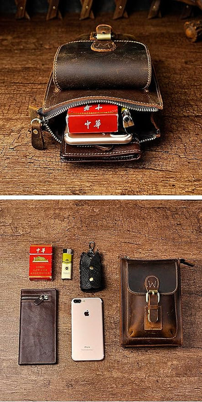 Le'aokuu Mens Genuine Leather Small Messenger Shoulder Satchel Phone Pouch Belt Waist Bag Pack