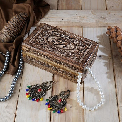 Ajuny Wooden Hand Carved Decorative Jewelry Box Eye of Truth Carvings Vintage Keepsake Storage Organizer Travel Treasure Chest Trinket Holder Case Great Gifts 8x5 Inch