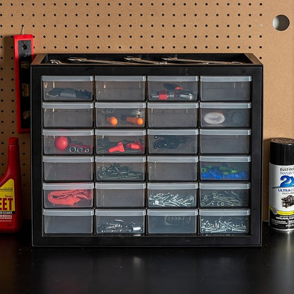 IRIS USA Plastic Storage Drawers, Made in USA, 24-Drawer Small Parts Organizer, Stackable Teacher Toolbox for Hardware, Screws, Nuts & Bolts, Stickers, Beads, Building Bricks, Garage Storage – Black