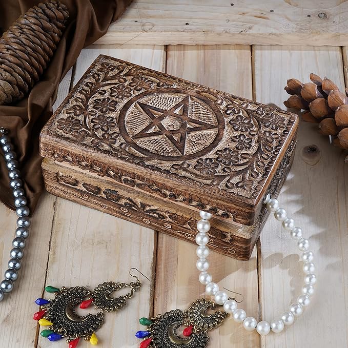 Ajuny Wooden Hand Carved Decorative Jewelry Box with Star Circle Carvings Vintage Keepsake Storage Organizer Travel Treasure Chest Trinket Holder Case Great Gifts 8x5 Inch