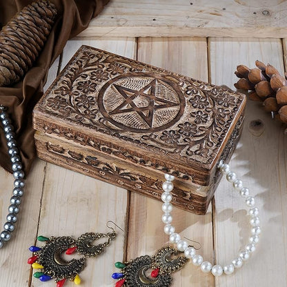 Ajuny Wooden Hand Carved Decorative Jewelry Box with Star Circle Carvings Vintage Keepsake Storage Organizer Travel Treasure Chest Trinket Holder Case Great Gifts 8x5 Inch