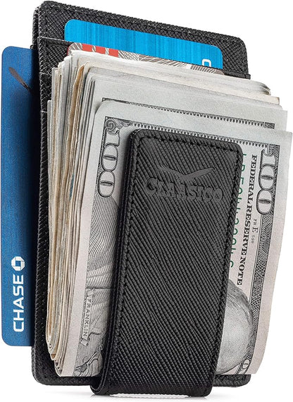 Claasico Men’s Leather Money Clip Wallet – Slim Front Pocket Wallet w/Super Strong Magnetic Clip, RFID Blocking, 5 Card Slots & Center Pocket + ID Window