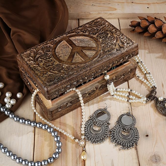 Ajuny Wooden Hand Carved Decorative Jewelry Box Peace Design Carvings Vintage Keepsake Storage Organizer Travel Treasure Chest Trinket Holder Case Great Gifts 8x5 Inch