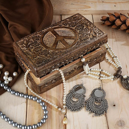 Ajuny Wooden Hand Carved Decorative Jewelry Box Peace Design Carvings Vintage Keepsake Storage Organizer Travel Treasure Chest Trinket Holder Case Great Gifts 8x5 Inch