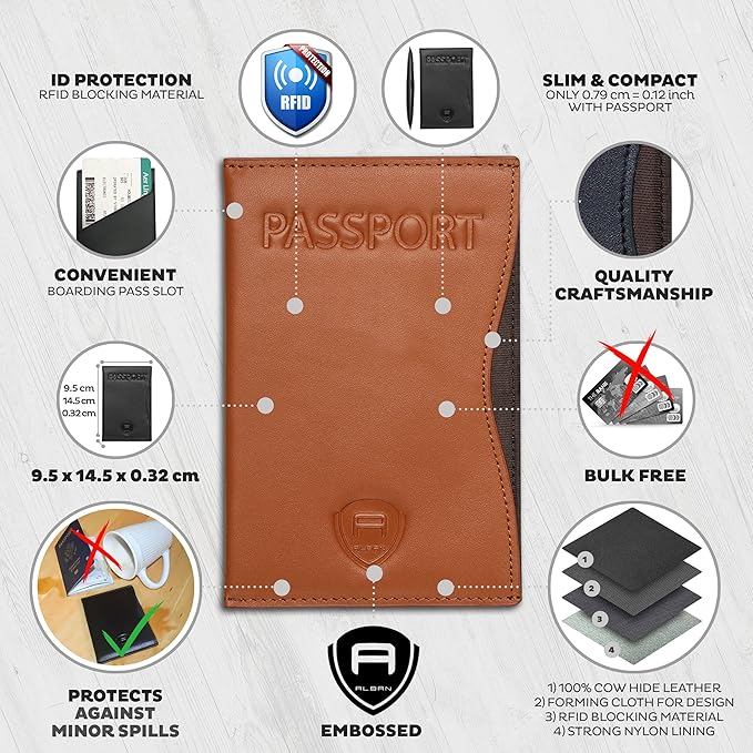 Alban RFID Passport Holder Women Men RFID Blocking Travel Passport Wallet Case Genuine Leather Passport Cover porta pasaporte